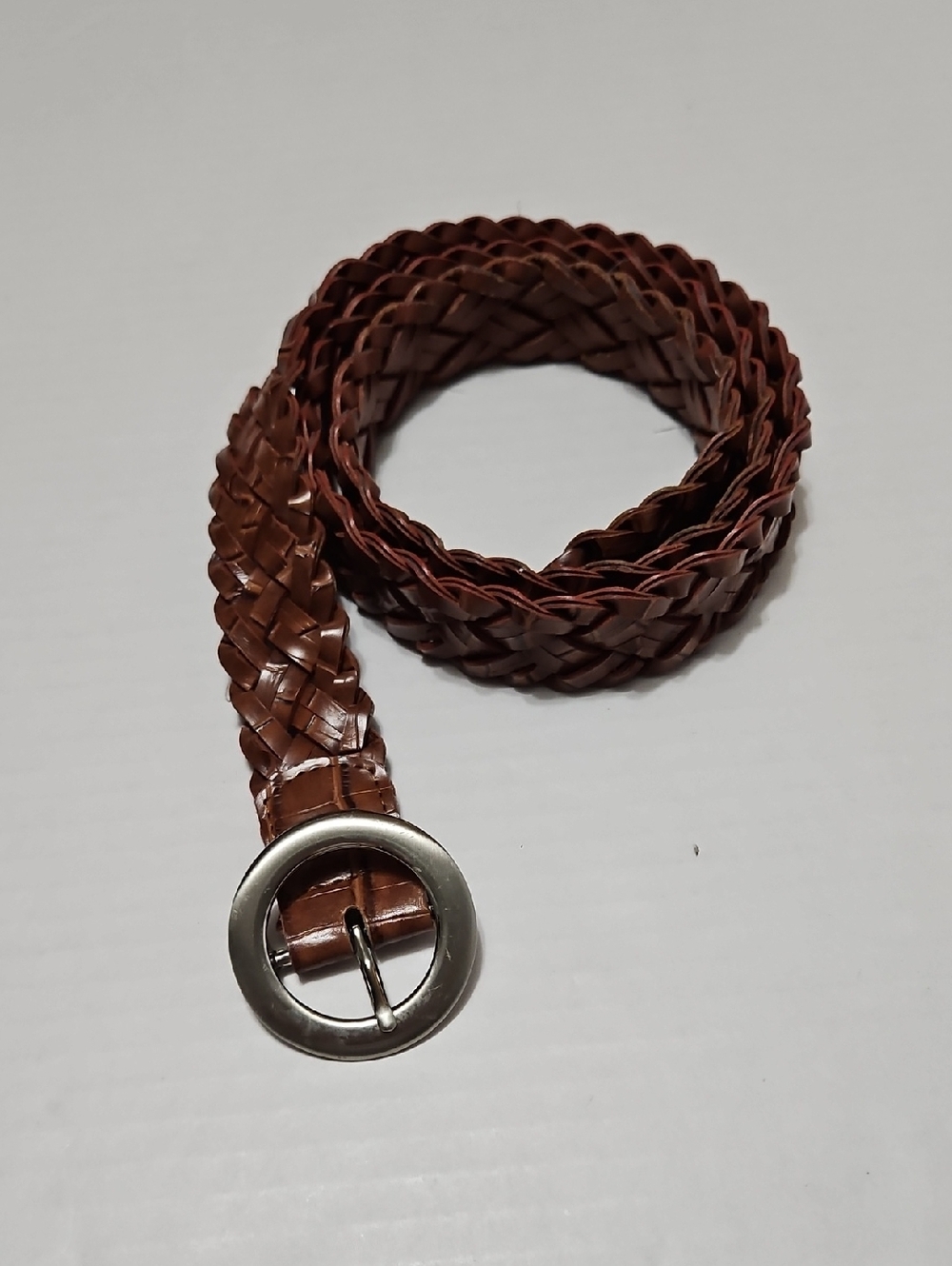 Women's Braided Brown Leather Belt with Round Silver Buckle Size M/L